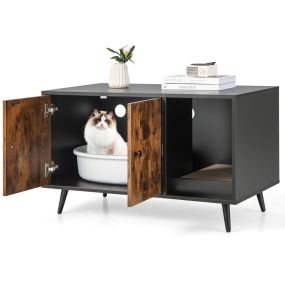Armario multifuncional para gatos con puertas, estante abierto y rascador 90 x 50 x 54 cm negro y natural
