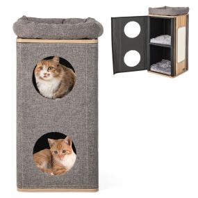 Casa para gatos de 3 pisos con tabla de rascar, 2 escondites y percha superior 38 x 38 x 77,5 cm natural y gris