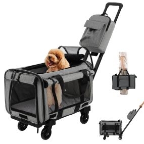 Jaula de viaje plegable para mascotas con almohadillas, manija telescópica y correa gris