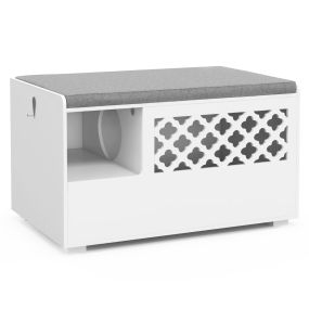 Banco para gatos con arenero y cojín extraíble, puerta abatible, 90 x 48,5 x 52 cm, blanco