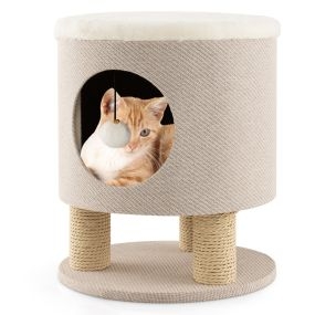 Casa para gatos otomana taburete con condominio poste rascador y bola de felpa 40 x 40 x 47 cm beige