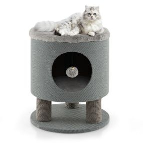 Casa para gatos otomana taburete con poste rascador y bola de felpa 40 x 40 x 47 cm gris
