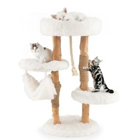 Árbol para gatos de madera maciza con postes de sisal, hamaca y cuerda colgante 41 x 41 x 87 cm natural y blanco