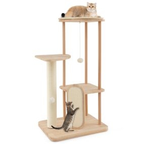 Torre para gatos con poste rascador de sisal, percha acolchada y juguete colgante beige