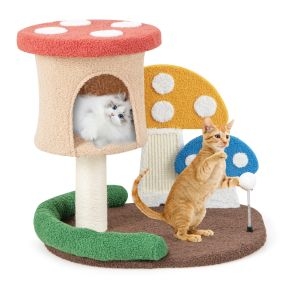 Árbol para gatos 4 en 1 en forma de hongo con condominio, plataforma, poste de sisal y bola de resorte multicolor