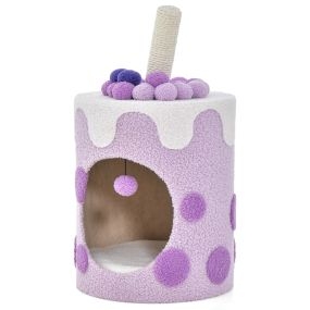 Torre para gatos en forma de té de burbujas con rascador de sisal y bola colgante 67 x 37 x 37 cm púrpura