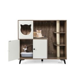 Mueble 5 en 1 para caja de arena con 3 postes rascadores de sisal y baño oculto para interior