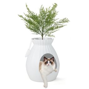 Caja de arena oculta para gatos con planta artificial, eliminación de olores y esterilización, 50 x 50 x 59 cm, blanco