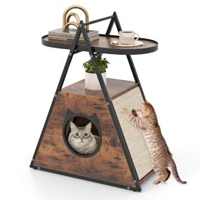Gabinete para gatos oculto con mesa auxiliar y estante de 2 niveles, cueva en forma de A, marrón