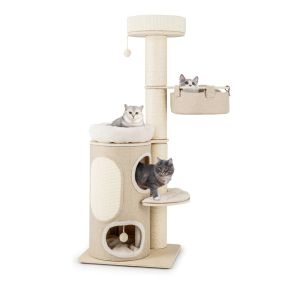 Torre para gatos 154 cm de varios niveles con condominio de 2 pisos, percha, postes rascadores de sisal, hamaca y pelotas colgantes natural