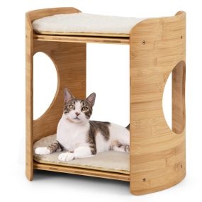 Torre para gatos pequeña de 2 niveles con marco de bambú y alfombrillas de felpa beige