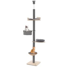 Torre para gatos de madera de 5 niveles 236-271 cm con hamaca y cama cesta gris