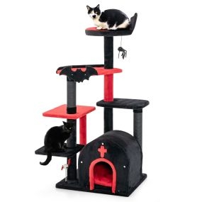 Árbol rascador para gatos 134 cm con cama, pompón y bolas de resorte rojo y negro