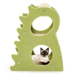 Árbol rascador moderno para gatos de interior de 2 niveles con bola giratoria verde y beige