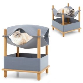 Casa para gatos de madera de 2 niveles con condo semi-cerrado, cama elevada gris y almacenaje