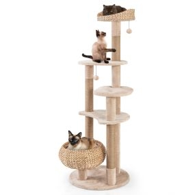 Árbol para Gatos Torre de Totora de 164 CM de 6 Capas con Postes de Rascado de Yute Percha Cama de Cesta Bolas Cojines Lavables Beige