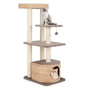 Árbol para gatos torre de totora 131 cm 4 capas con postes de sisal y cojines café