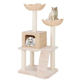 Árbol para gatos de totora 122 cm 4 capas con postes de sisal, percha, cama y escalera beige