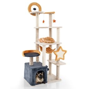Árbol rascador para gatos grande con juguetes, hamaca y base estable 61 x 41 x 160 cm beige