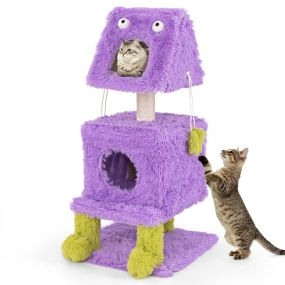 Torre para gatos temática de monstruos con felpa suave y poste rascador 48 x 48 x 111 cm púrpura