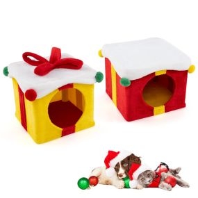 Casa de gato navideña de 2 pisos en forma de caja de regalo apilable con lazo para interior
