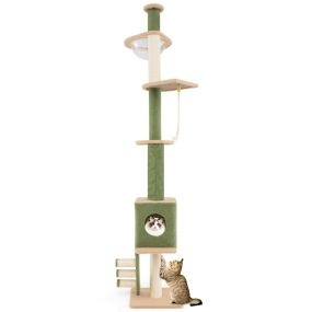 Árbol para gatos de suelo a techo ajustable 218-253 cm, 5 niveles, cápsula espacial, sisal verde