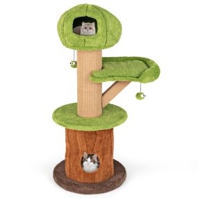 Árbol para gatos en forma de hongo para interior 148 cm con 2 condos, perchero de cuero, pelotas, postes de sisal, cueva y cojines verde