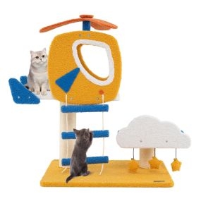 Árbol para gatos temático de aviación con perchero en forma de helicóptero, poste para rascar, plataforma, escalera y 3 juguetes