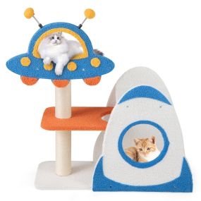 Árbol para gatos de 4 niveles con perchero en forma de OVNI y postes de sisal para rascar