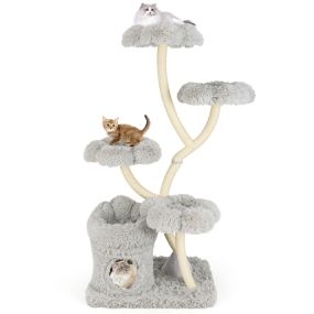 Árbol para gatos independiente alto con 4 plataformas en forma de flor y postes de sisal gris