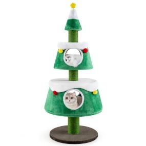 Casa árbol de Navidad para gatos de interior con 2 condos, postes de sisal y juguete de resorte verde