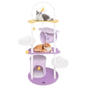 Árbol para gatos multinivel de 158 cm con marco de metal, plataformas, condominio y túnel púrpura