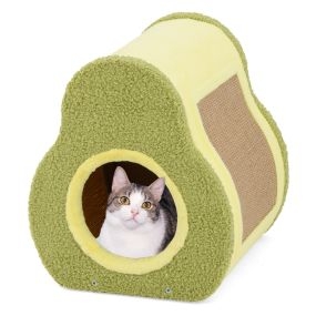 Casa para gatos en forma de aguacate con tablero de yute para rascar y refugio interior