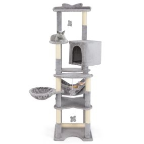 Árbol para gatos de múltiples niveles 176 cm con perchero, cesta, cama, hamaca, poste para rascar y juguetes gris