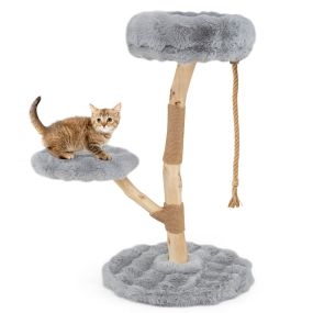 Árbol para gatos con perchero, centro de actividades de madera sólida, postes de yute natural y gris