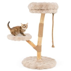 Árbol para gatos con perchero de madera sólida y postes de rascado de yute natural beige