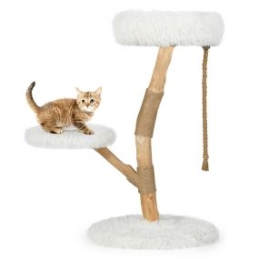 Árbol para gatos con perchero de madera sólida y postes de rascado de yute natural, natural y blanco
