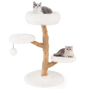 Torre para gatos de madera de peral sólida con plataforma y postes para rascar blanco