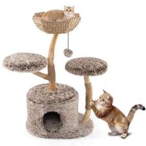 Árbol para gatos con tronco de peral sólido, plataforma de ramas y postes de sisal natural
