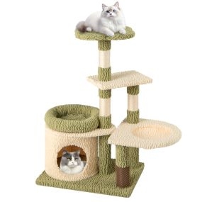 Árbol para gatos de 97 cm con torre multinivel, condo, cama, postes de sisal, autocepillo, hamaca y percha verde