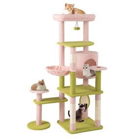 Árbol para gatos de 148 cm torre multinivel floral rosa con percha, condo, hamaca y rascador de sisal