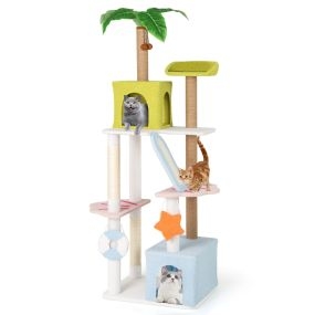Árbol para gatos de 180 cm torre multinivel estilo playa con 2 condos postes de rascado planta artificial y juguetes