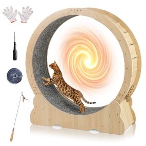Rueda de ejercicio grande para gatos de 101 cm con mecanismo bloqueable y estructura de madera