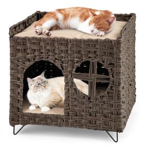 Casa de ratán para gatos de 2 niveles con cueva oculta y 2 cojines suaves marrón