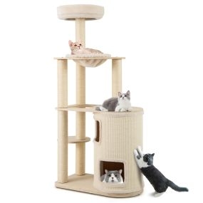 Árbol para gatos de 151 cm con condominio, postes rascadores, alfombra, percha, hamaca y cojín de interior