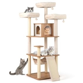 Árbol para gatos de 168 cm de madera con 3 perchas, postes de sisal, escalera y cojines