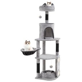 Árbol para gatos de 144 cm con postes de sisal, tablero, condominio, plataformas y hamaca gris