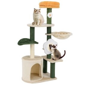 Árbol para gatos 114 cm con forma de flor, percha acolchada, poste y tablero rascador de sisal verde y beige