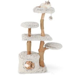 Torre de Madera con Rama Natural de 135 cm con Postes Rascadores de Yute Percha de Felpa Condominio