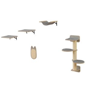 Torre para gatos montada en pared con hamaca, tabla para rascar y almohadillas gris y natural